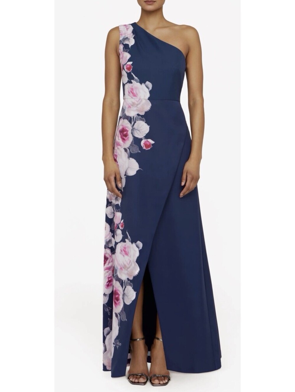 New KAY UNGER Carissa Navy Floral One Shoulder Dress Size 18 $318